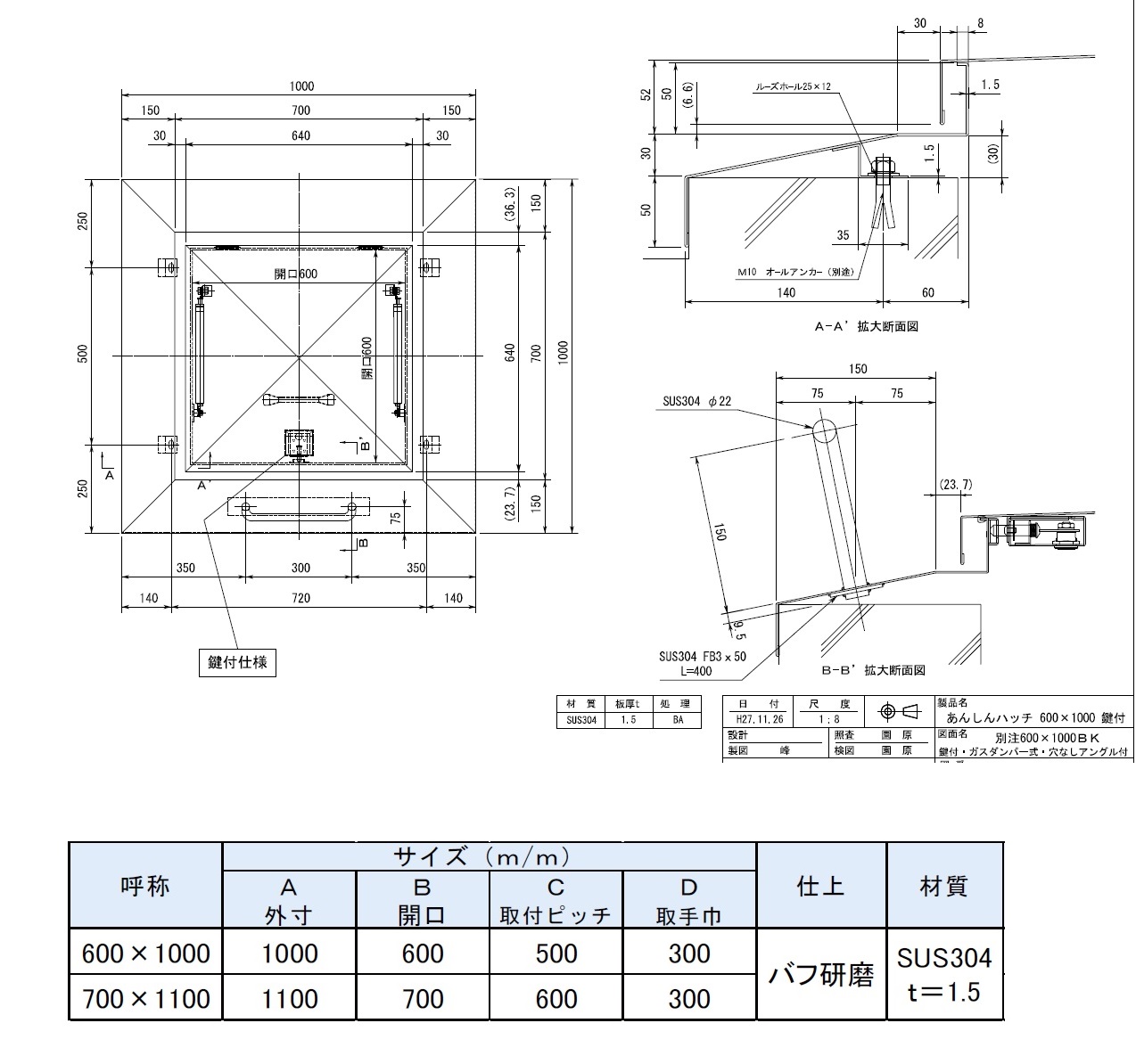 受賞店 あんしんハッチ 取手付 ガスダンパー式ステー 600×1000 ステンレス角型屋上マンホール 直送品