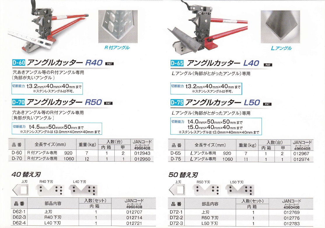 ﾓｸﾊﾞ ｱﾝｸﾞﾙｶｯﾀｰR40/L40 R50/L50 D-60・D-65・D-70・D-75 / 建築金物