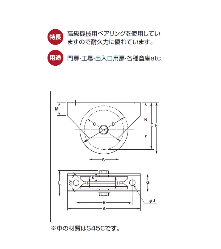 ヨコヅナ S45C重量戸車 ワイドタイプ【V型】 200mm/250mm/300mm JGMW