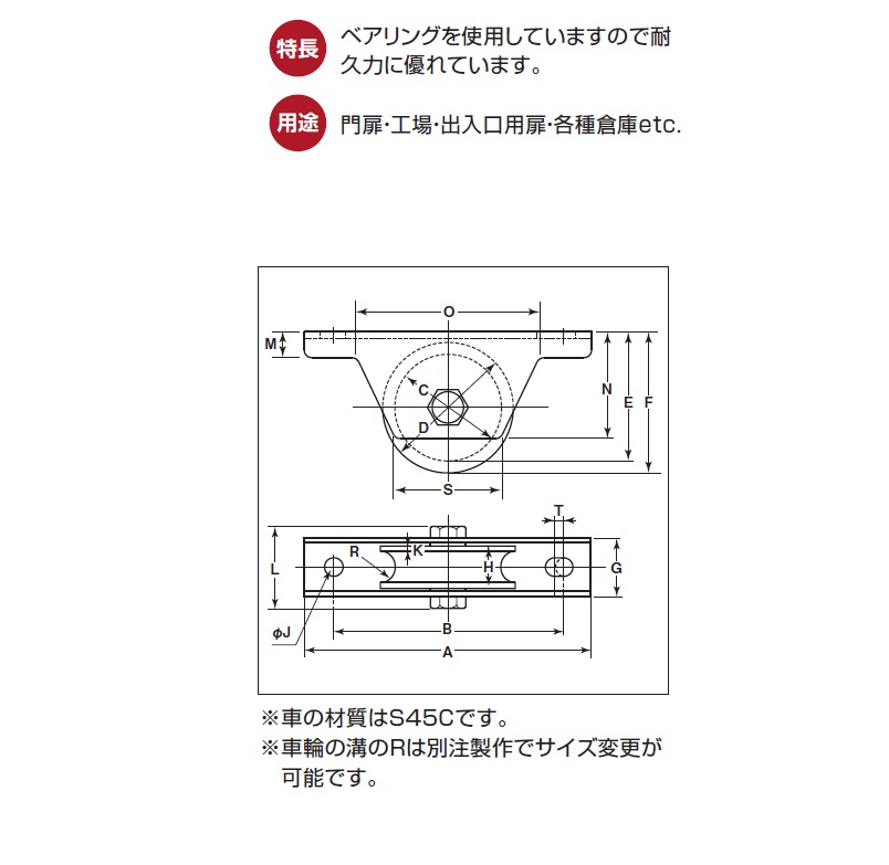 日本未発売】 ヨコヅナ S45C重量戸車 ※車のみ ボルト ナット付 溝R車型 60ｍｍ JGP-0601