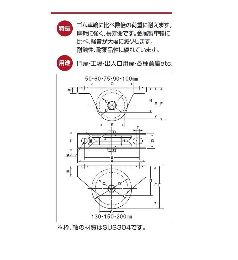 ヨコヅナ MC防音重量戸車【V型】 50mm/60mm/75mm/90mm/100mm/130mm