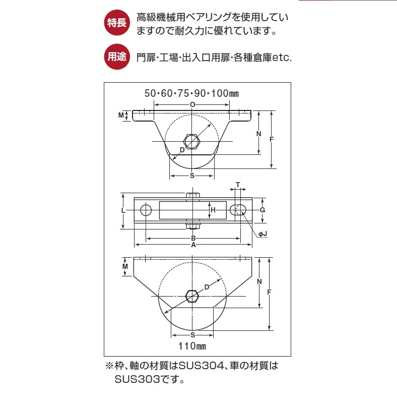 オンラインショップ ヨコヅナ MC防音重量戸車 平型 ステンレス枠 50ｍｍ JMS-0502