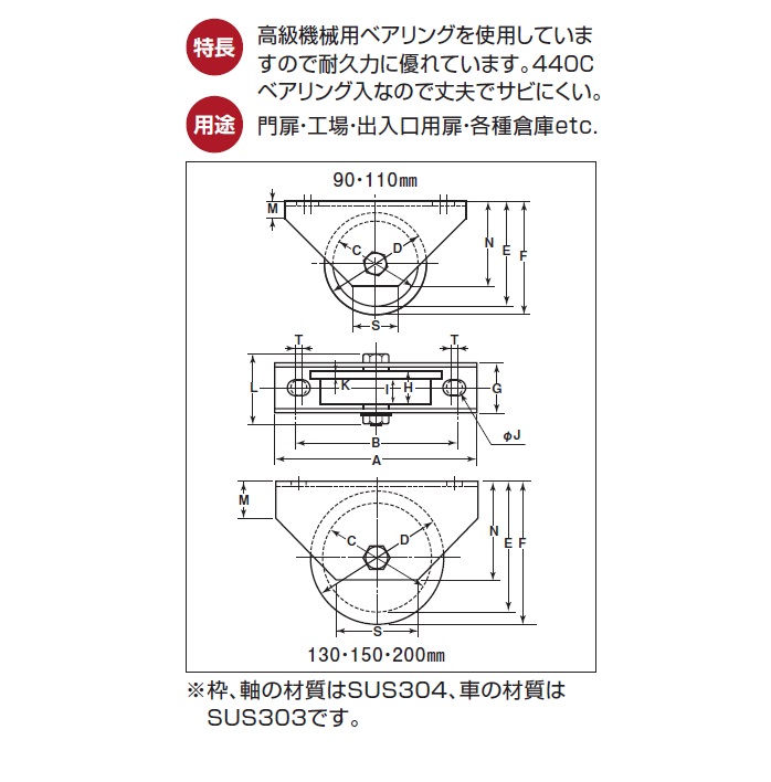 ヨコヅナ ステンレス重量戸車[440Cベアリング入り]【トロ車型】 90mm