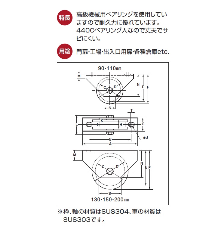 ヨコヅナ ステンレス重量戸車[440Cベアリング入り]【H型】 90mm/110mm