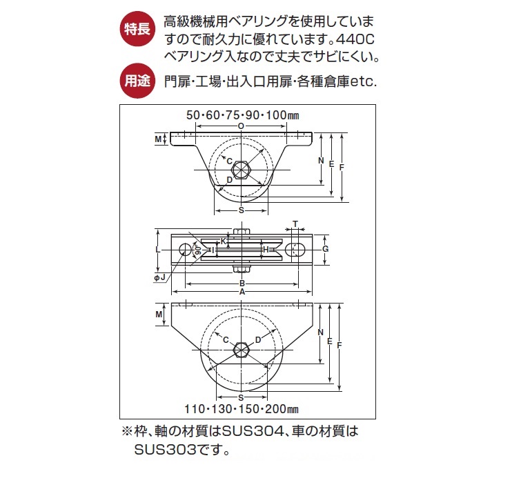 2個入 ヨコヅナ  440Cベアリング入 ステンレス重量戸車 (VH兼用型・ステン枠) φ100 (JCS-1006) - 1