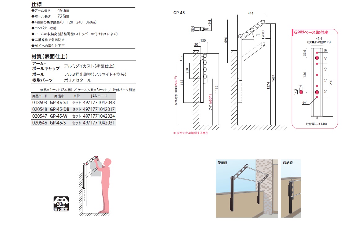 川口技研 腰壁用ﾎｽｸﾘｰﾝ 上下式（GP型ﾛｰｺｽﾄ450mmﾀｲﾌﾟ）GP45-ST・GP45-DB