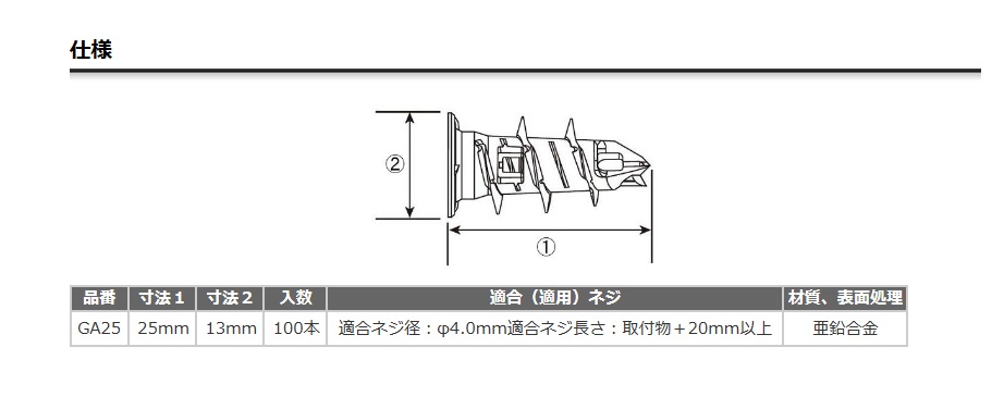 ロブテックス エビモンゴジプサムアンカー GA25(100本入) / 建築金物