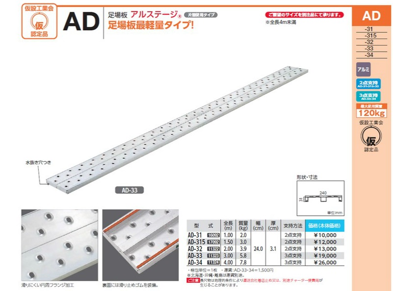 新品未使用 アルミ足場板 アルステージ AD-32 2m 2枚 引取限定 ①