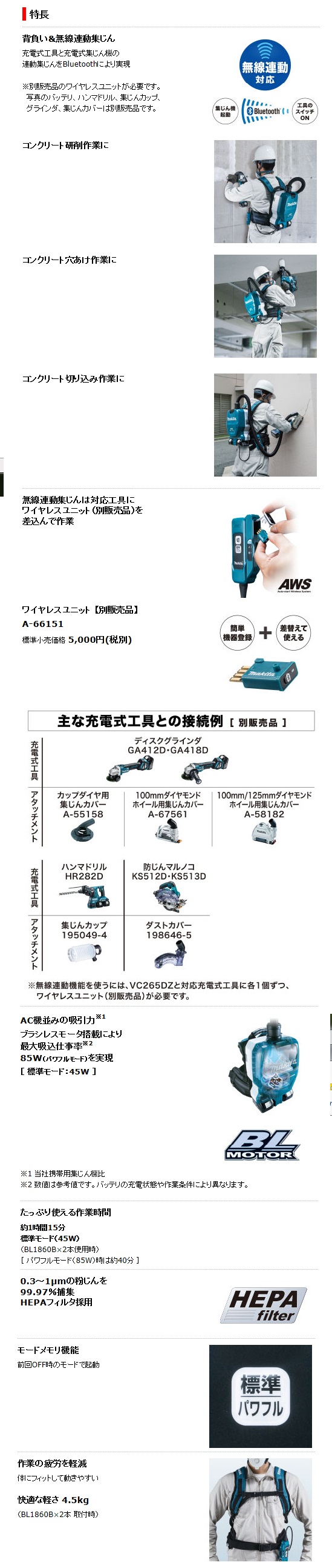 マキタ 充電式背負集じん機 VC265DZ / 建築金物通販【秋本勇吉商店】