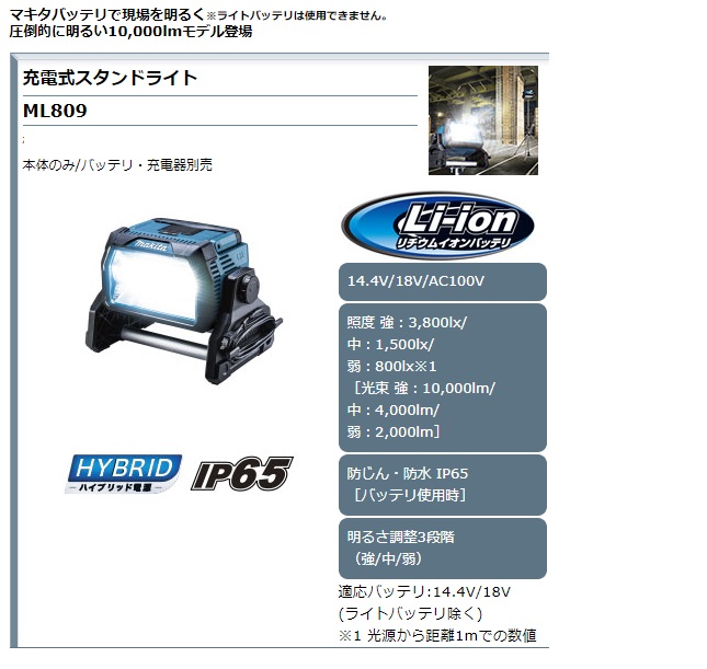 マキタ 充電式スタンドライト ML809 / 建築金物通販【秋本勇吉商店】