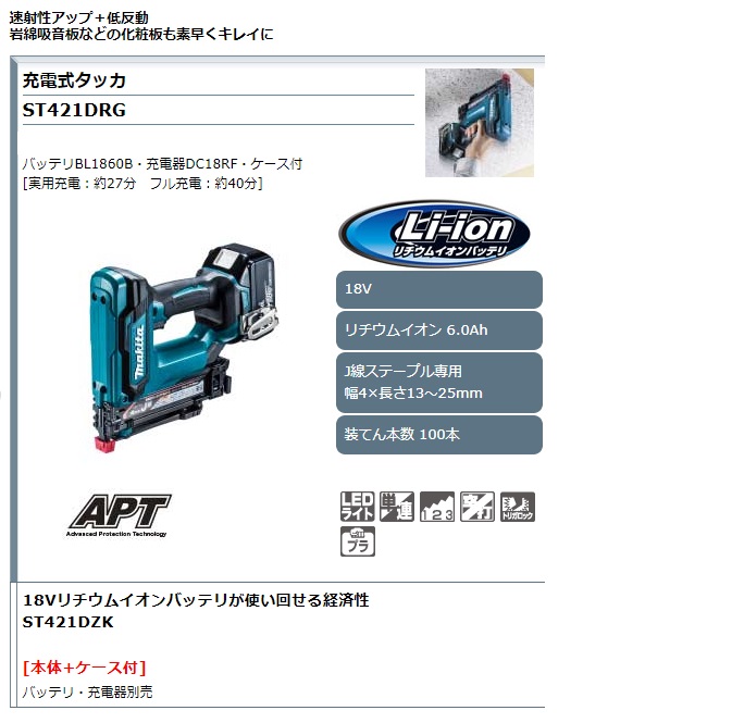 マキタ 充電式タッカ ST421DRG ST421DZK / 建築金物通販【秋本勇吉商店】