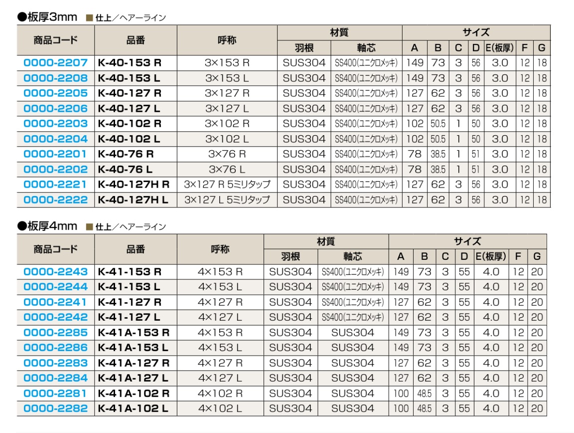 PLUS ステンレス旗丁番 K-40 K-40-H K-41 K-41-H 0000-2207 0000-2208