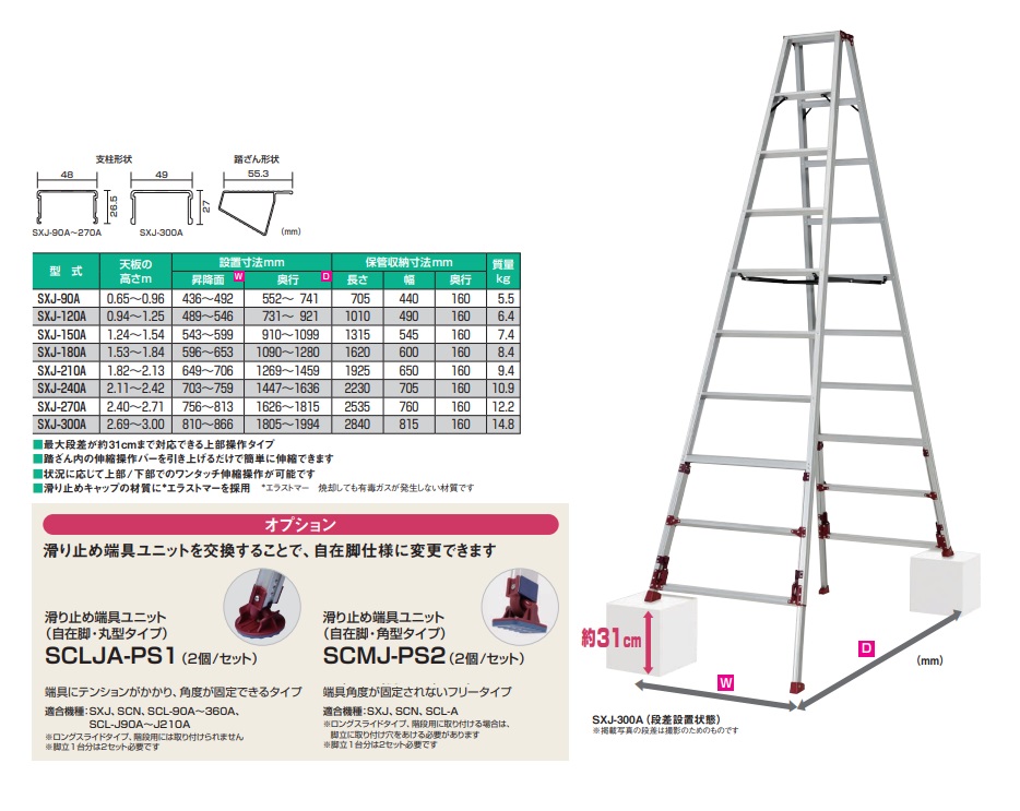 年末のプロモーション特価！ ピカ 上部操作式四脚アジャスト式専用脚立 SXJ型 <br>SXJ-270A 1台 <br><br>  208-3197<br><br><br>※車上渡し