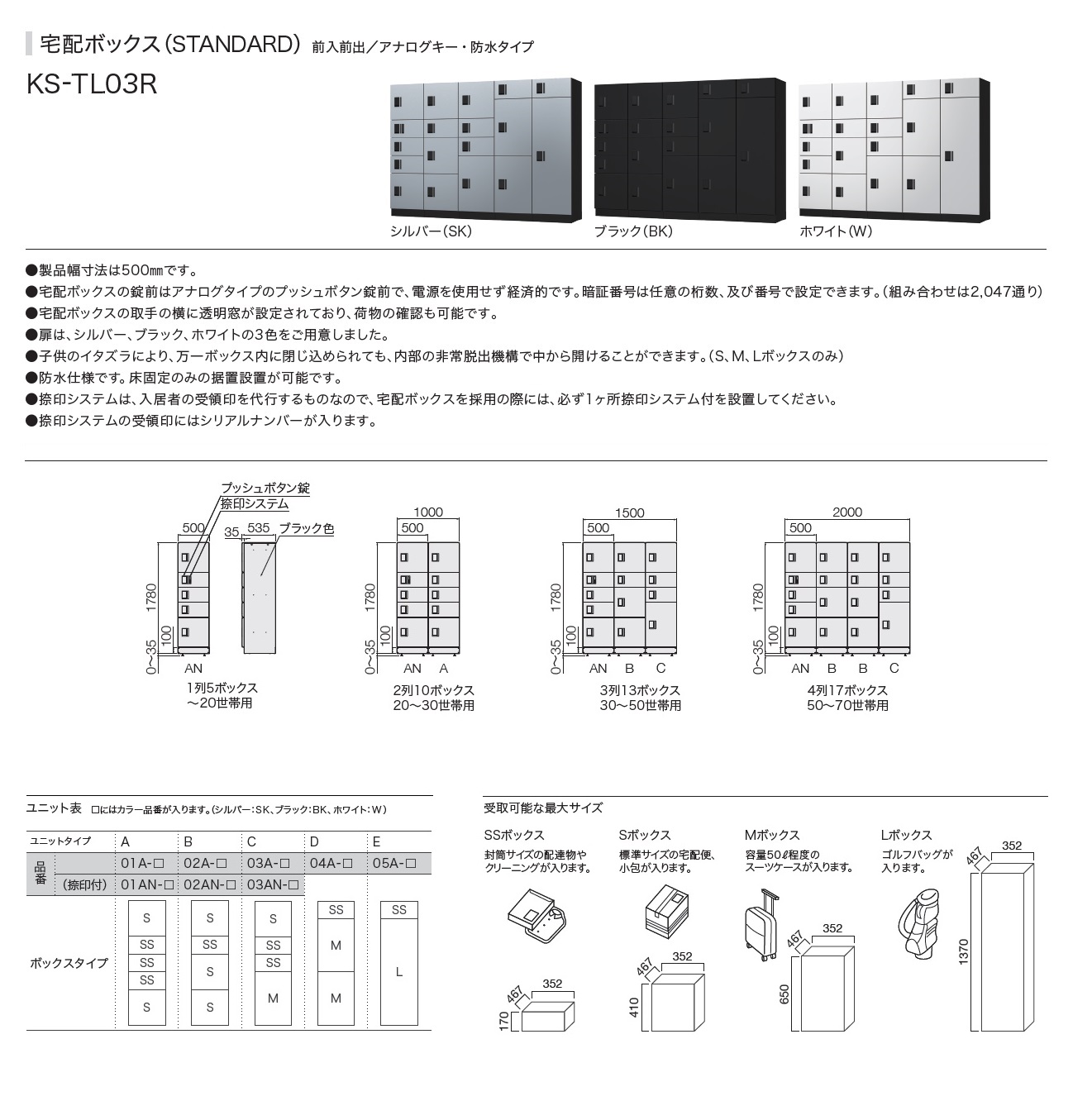 ナスタ 宅配ボックス（STANDARD） スタンダード 2列10ボックス 捺印付 20〜30世帯用 マンション用 大型 屋外設置可 自立式 アナログキー 防水タイプ ブラック - 4