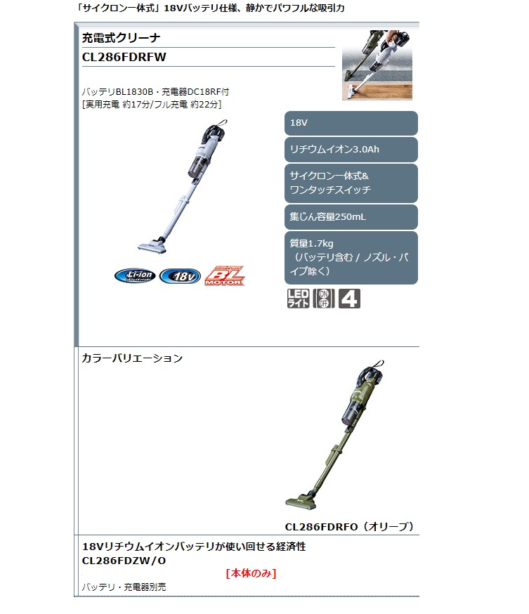 マキタ 充電式クリーナ CL286FDRFW CL286FDRFO（オリーブ） CL286FDZW