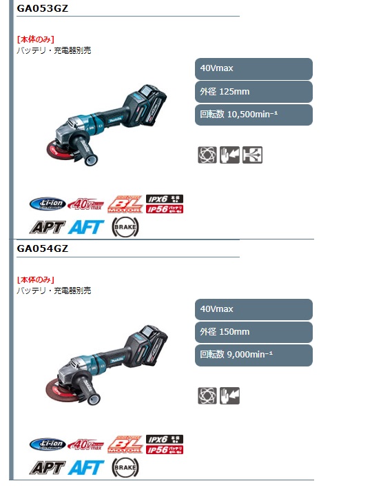 マキタ 充電式ディスクグラインダ / パドルスイッチ GA052GZ GA053GZ